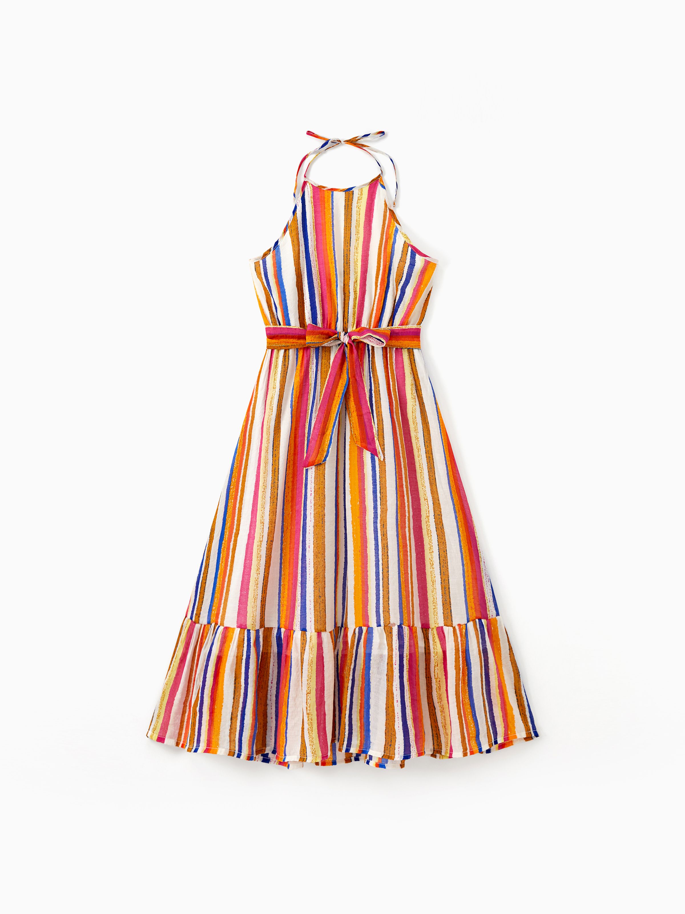 

Family Matching Sets Colorful Vertical Stripe Tee or Ruffle Hemline Belted Halter Dress