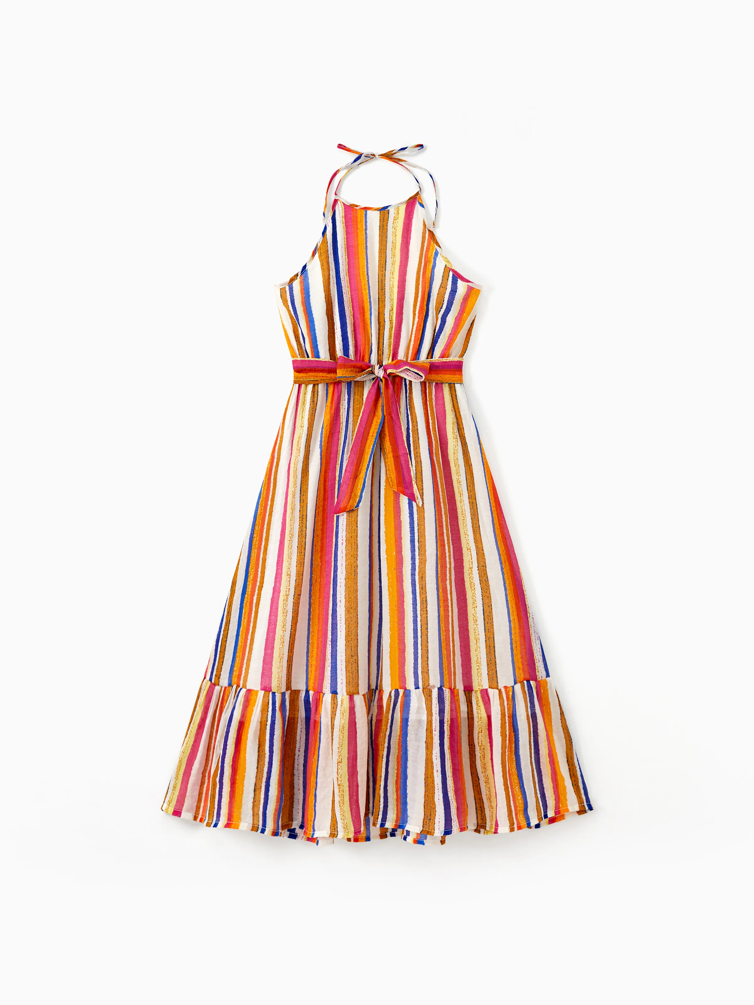 

Family Matching Sets Colorful Vertical Stripe Tee or Ruffle Hemline Belted Halter Dress