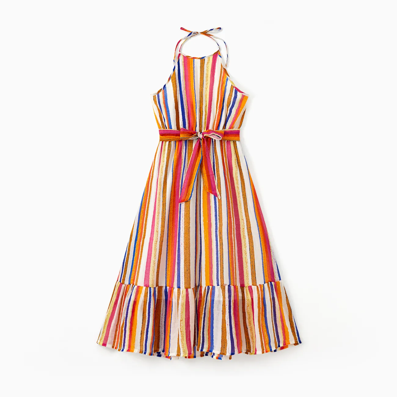 Family Matching Sets Colorful Vertical Stripe Tee or Ruffle Hemline Belted Halter Dress
