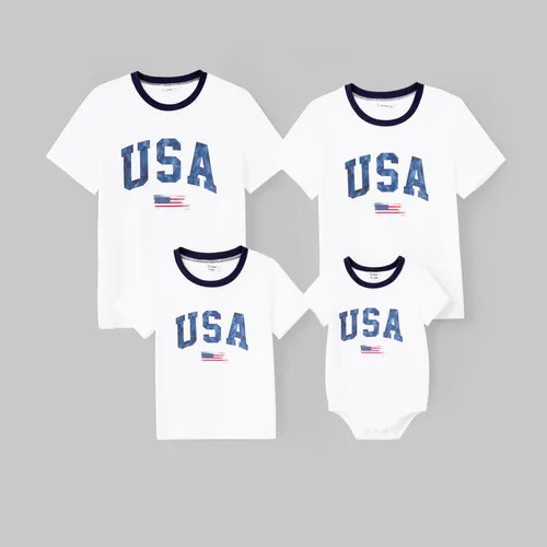 Independence Day Family Matching USA Print American Flag Cotton Short Sleeves Tops