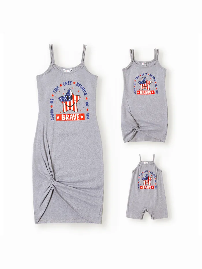 Mommy and Me Star Shape American Flag Brave Slogan Cotton Dress 