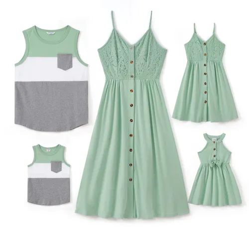Family Matching Color Block Tank Top and Green Button up Lace Top Strap Dress Sets
