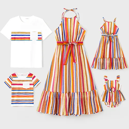 Family Matching Sets Colorful Vertical Stripe Tee or Ruffle Hemline Belted Halter Dress