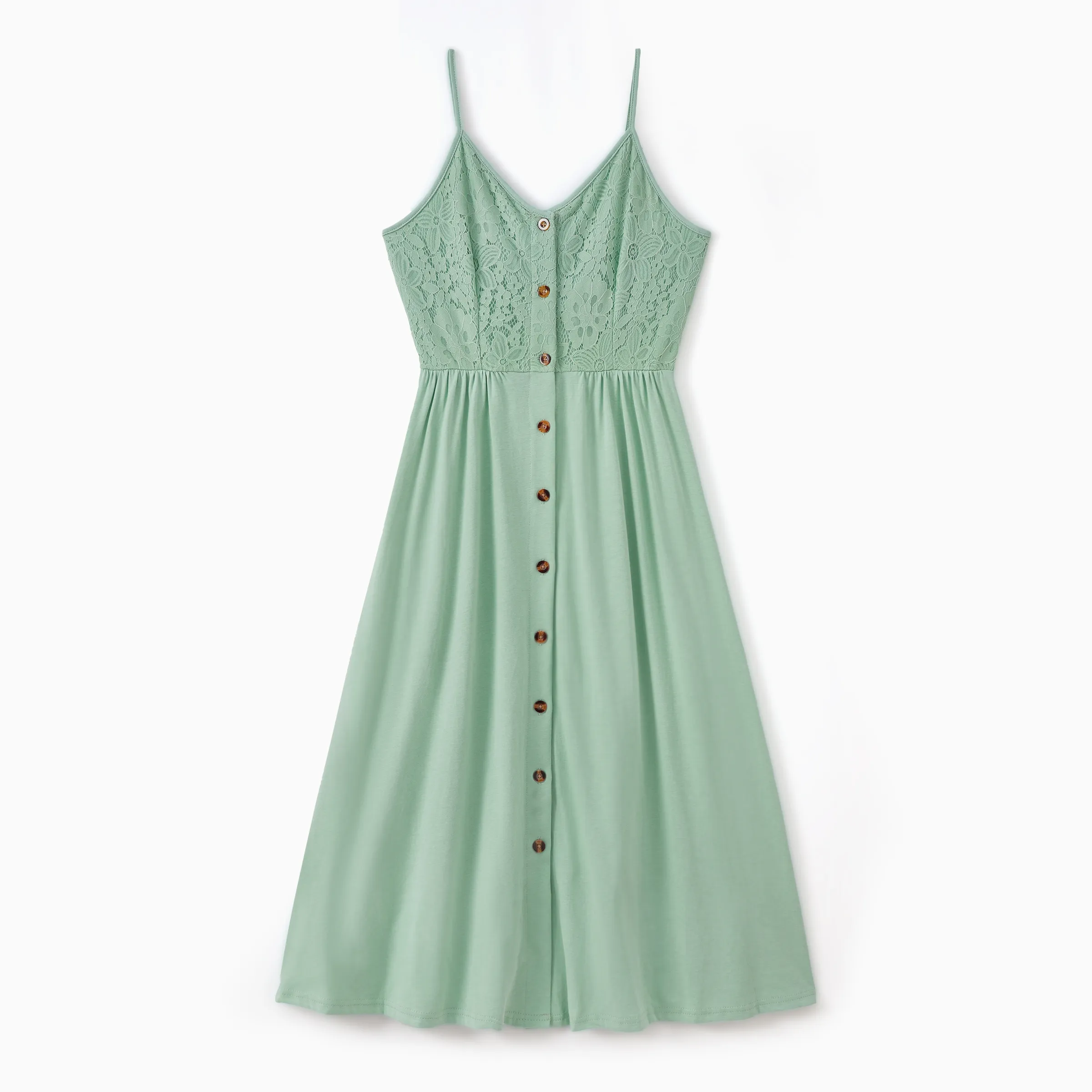 Family Matching Color Block Tank Top And Green Button Up Lace Top Strap Dress Sets