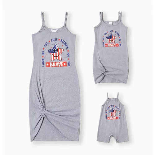 Mommy and Me Star Shape American Flag Brave Slogan Cotton  Dress 