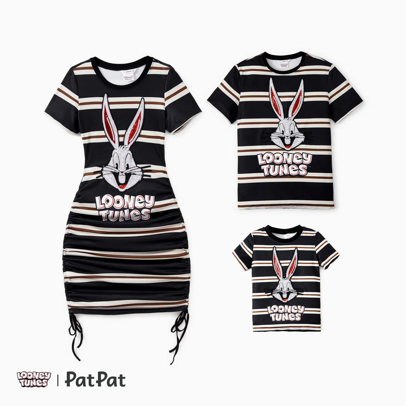 Looney Tunes Family Matching Cotton Bugs Bunny Character Striped Print T-shirt/Dress Black big image 1