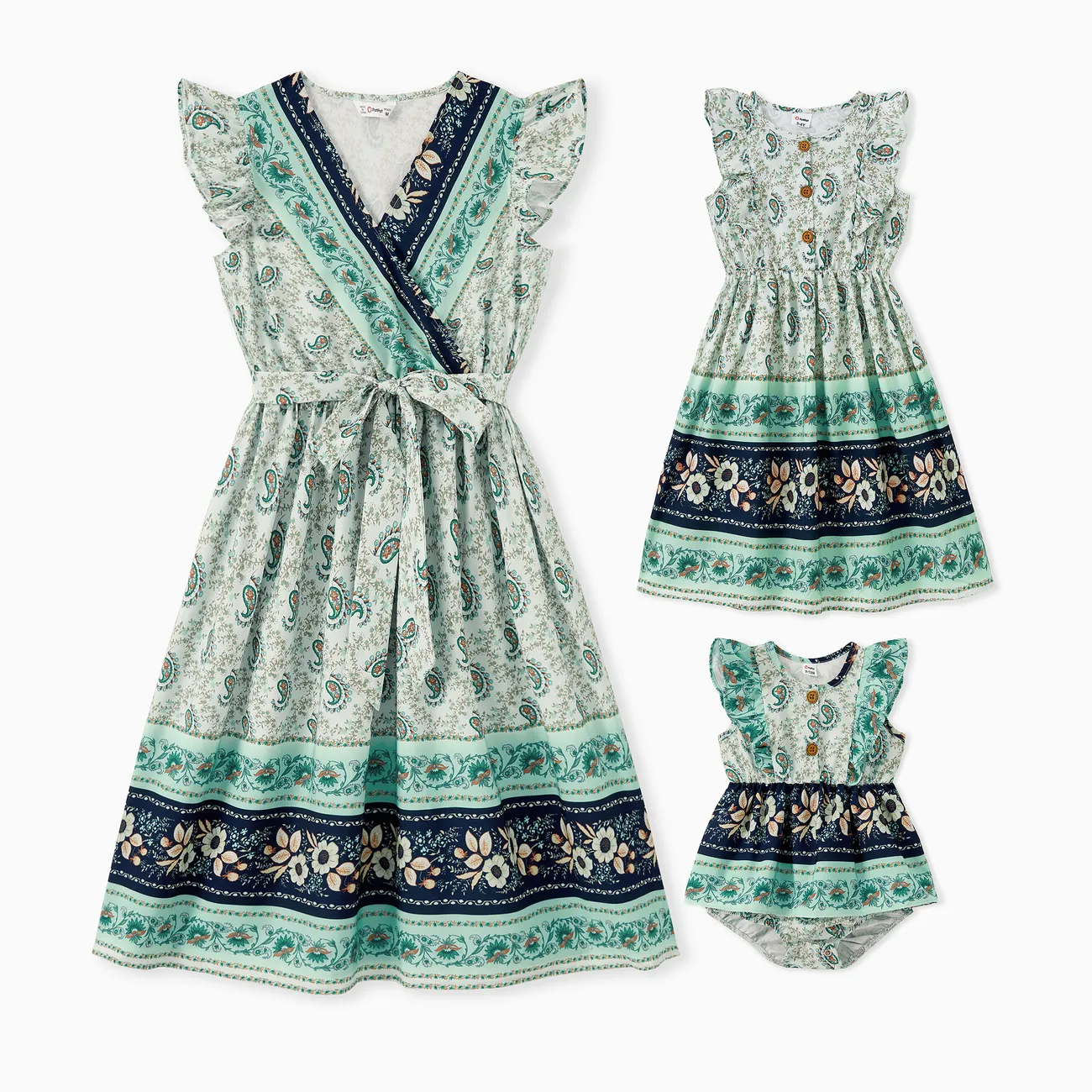 Mommy and Me Boho Style Ruffle Hem V Neck Floral Dresses with Hidden Snap Button Light Green big image 1