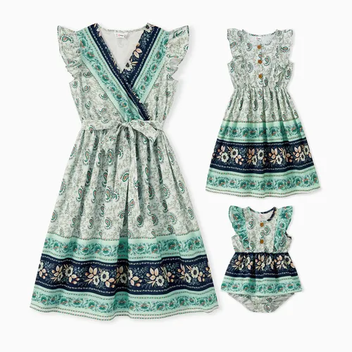Mommy and Me Boho Style Ruffle Hem V Neck Floral Dresses with Hidden Snap Button