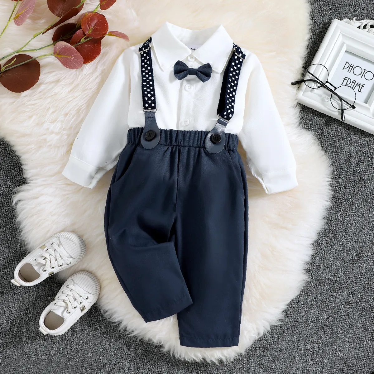 3pcs Baby Boy Party Outfits Gentleman Bow Tie Long-sleeve Shirt and Solid Waistcoat with Suspender Pants Set Blue big image 1
