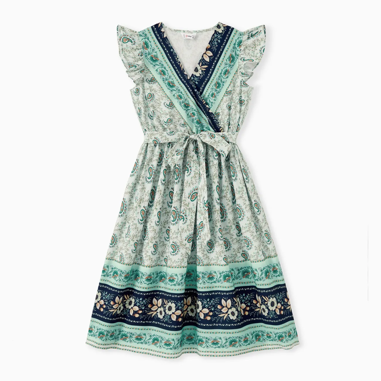 Mommy and Me Boho Style Ruffle Hem V Neck Floral Dresses with Hidden Snap Button Light Green big image 1