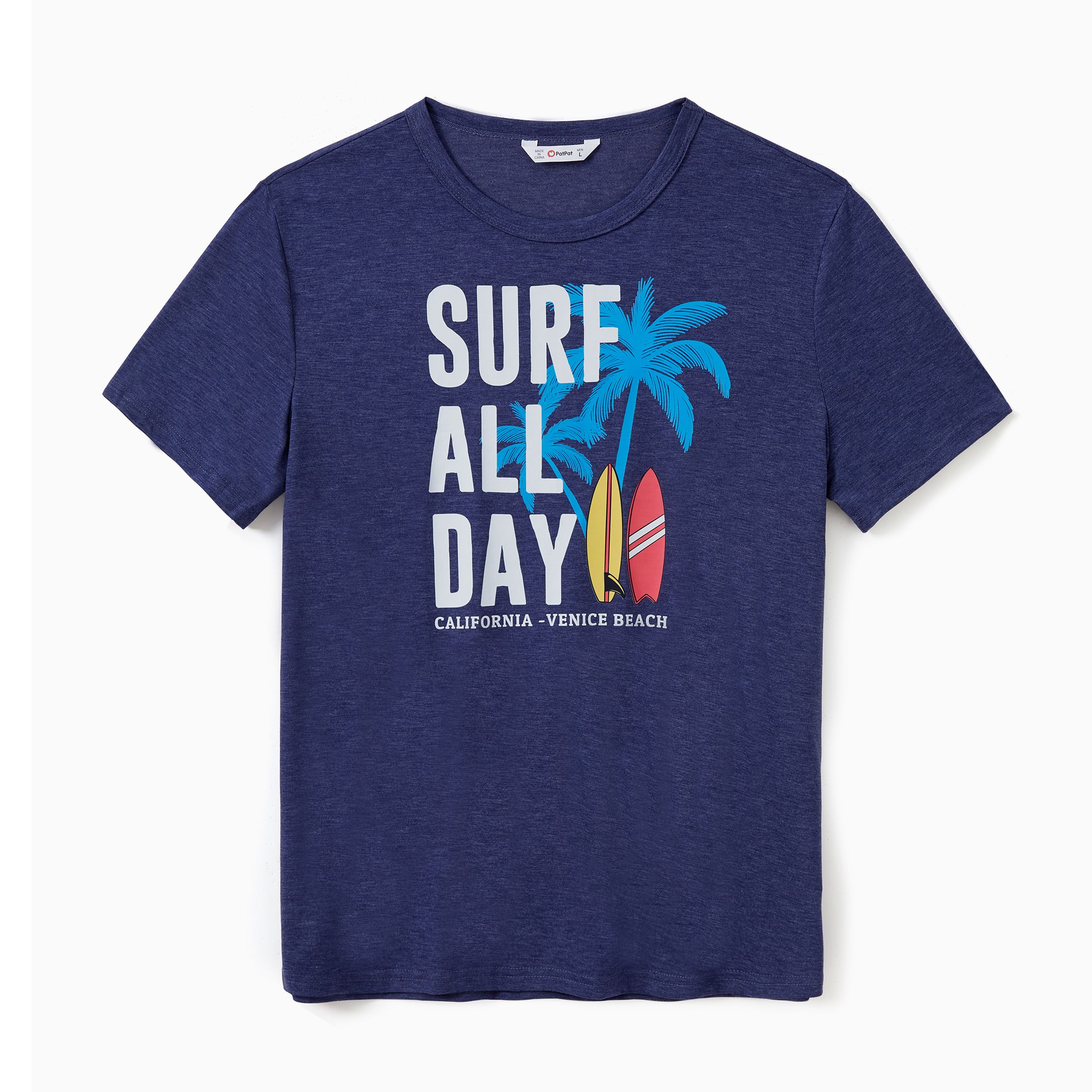 

Family Matching Sets Deep Blue Coconut Tree and Slogan Printed Tee or Short Sleeves A-Line Dress With Pockets