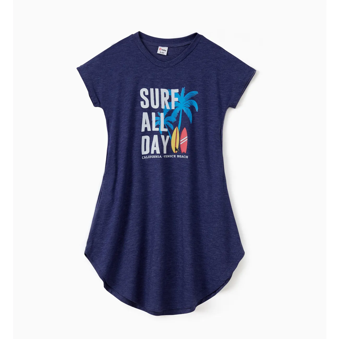 Family Matching Sets Deep Blue Coconut Tree and Slogan Printed Tee or Short Sleeves A-Line Dress With Pockets Deep Blue big image 1