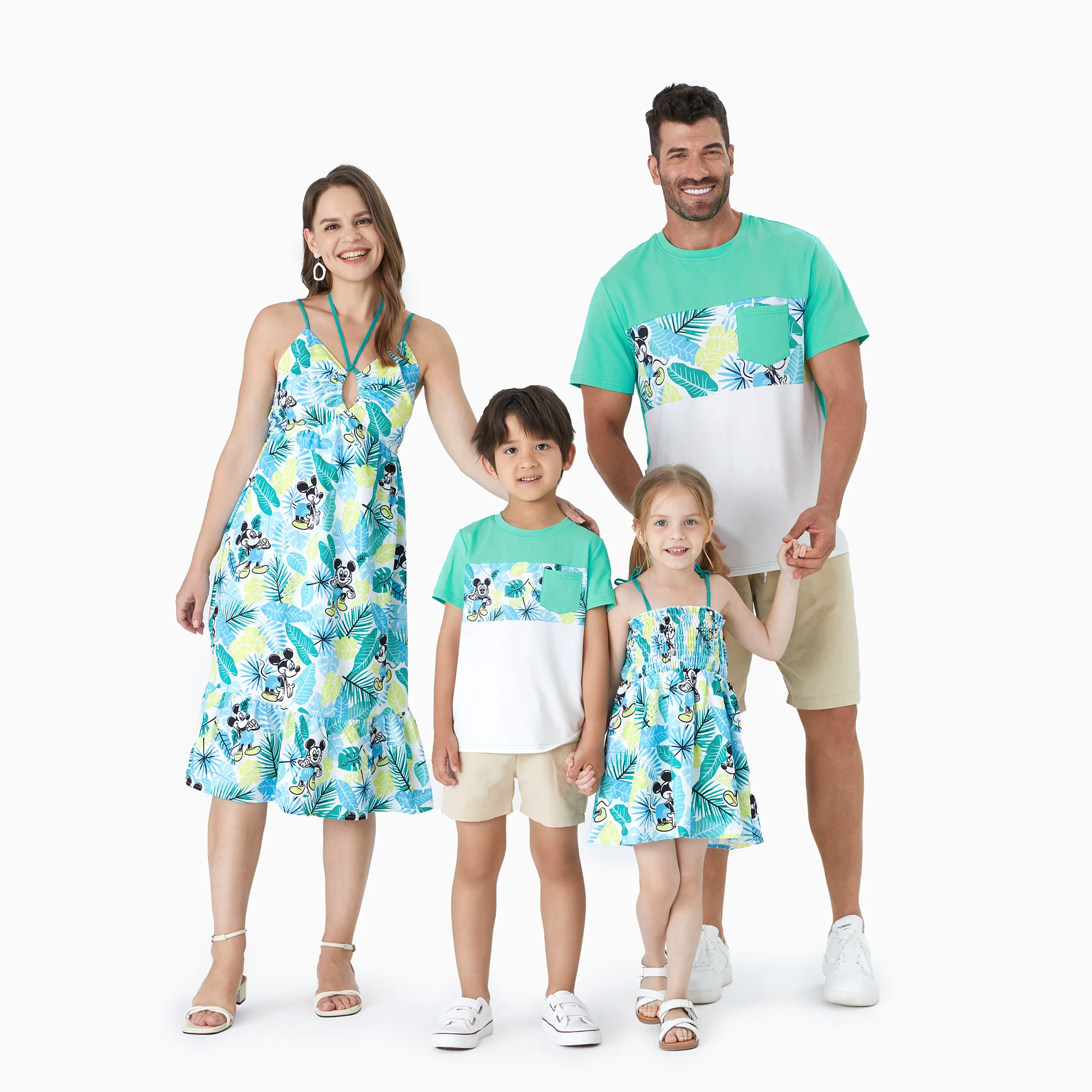 迪士尼米奇和朋友家庭搭配 Naia™ 熱帶花卉植物印花蝴蝶結連體衣/無袖連衣裙/棉質 T 恤