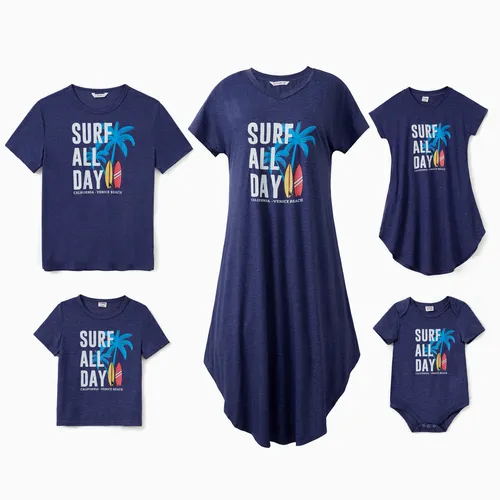 Conjuntos familiares a juego Cocotero azul oscuro y camiseta estampada con eslogan o vestido evasé de manga corta con bolsillos