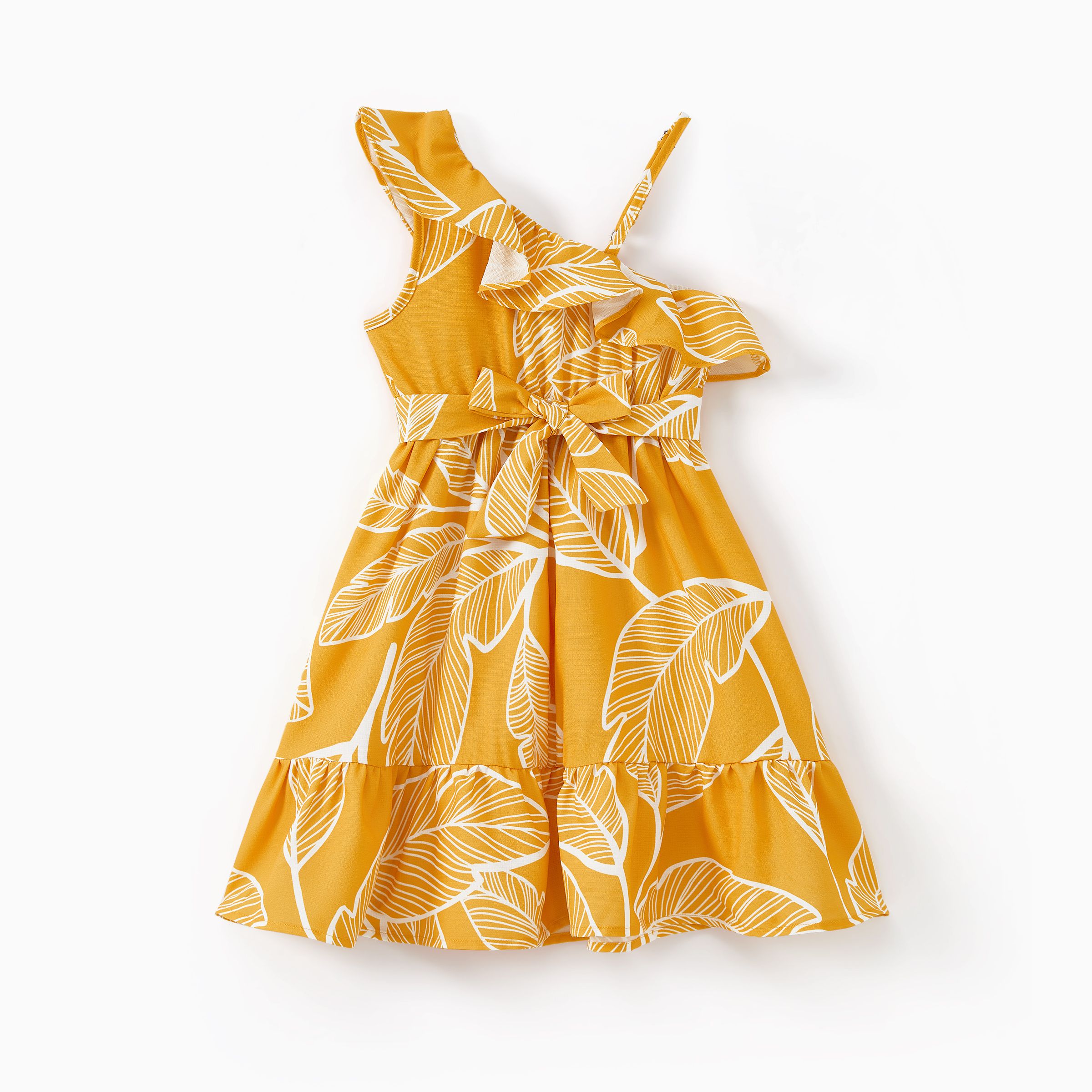 

Mommy and Me Yellow One Shoulder Ruffle Trim Dress with Adjustable Shoulder Strap