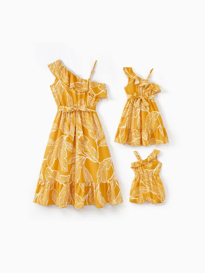 Mommy and Me Yellow One Shoulder Ruffle Trim Dress with Adjustable Shoulder Strap