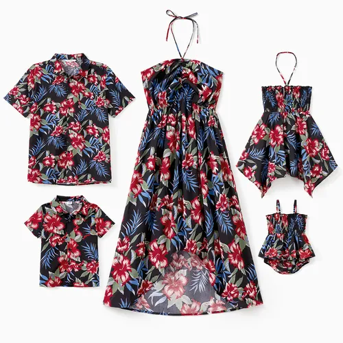 Family Matching Floral Beach Shirt and Drawstring Front Shirred Back Halter Neck High-Low Dress Sets