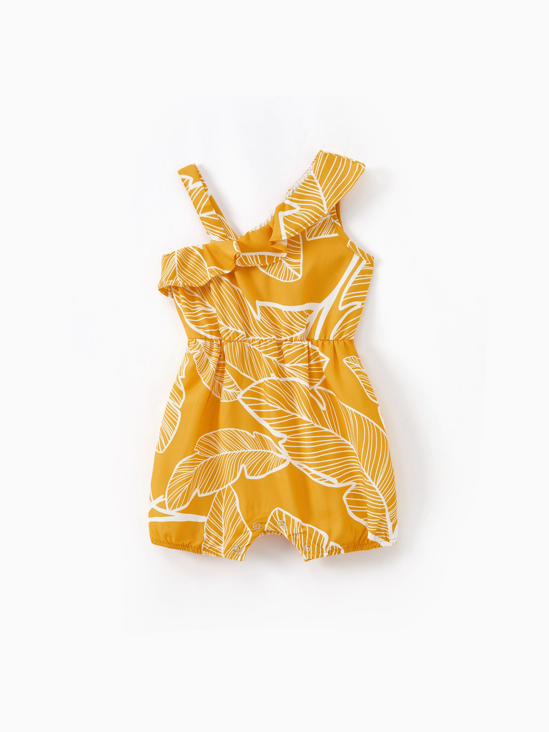 

Mommy and Me Yellow One Shoulder Ruffle Trim Dress with Adjustable Shoulder Strap