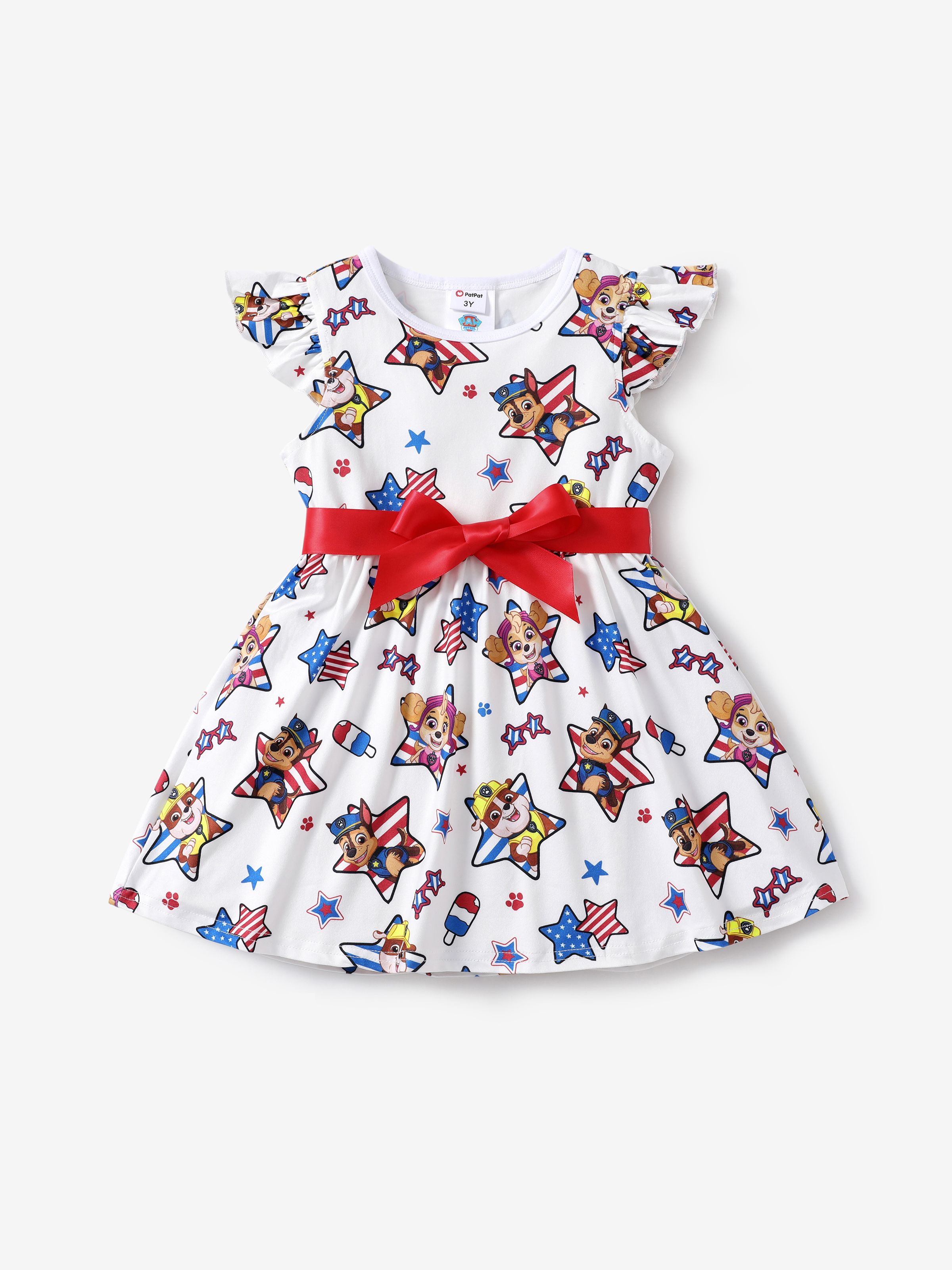 

Paw Patrol Toddler Girls Independence Day 1pc Character Paw and Flag Star Pentagram All-over Print Bowknot Flutter-sleeve Dress