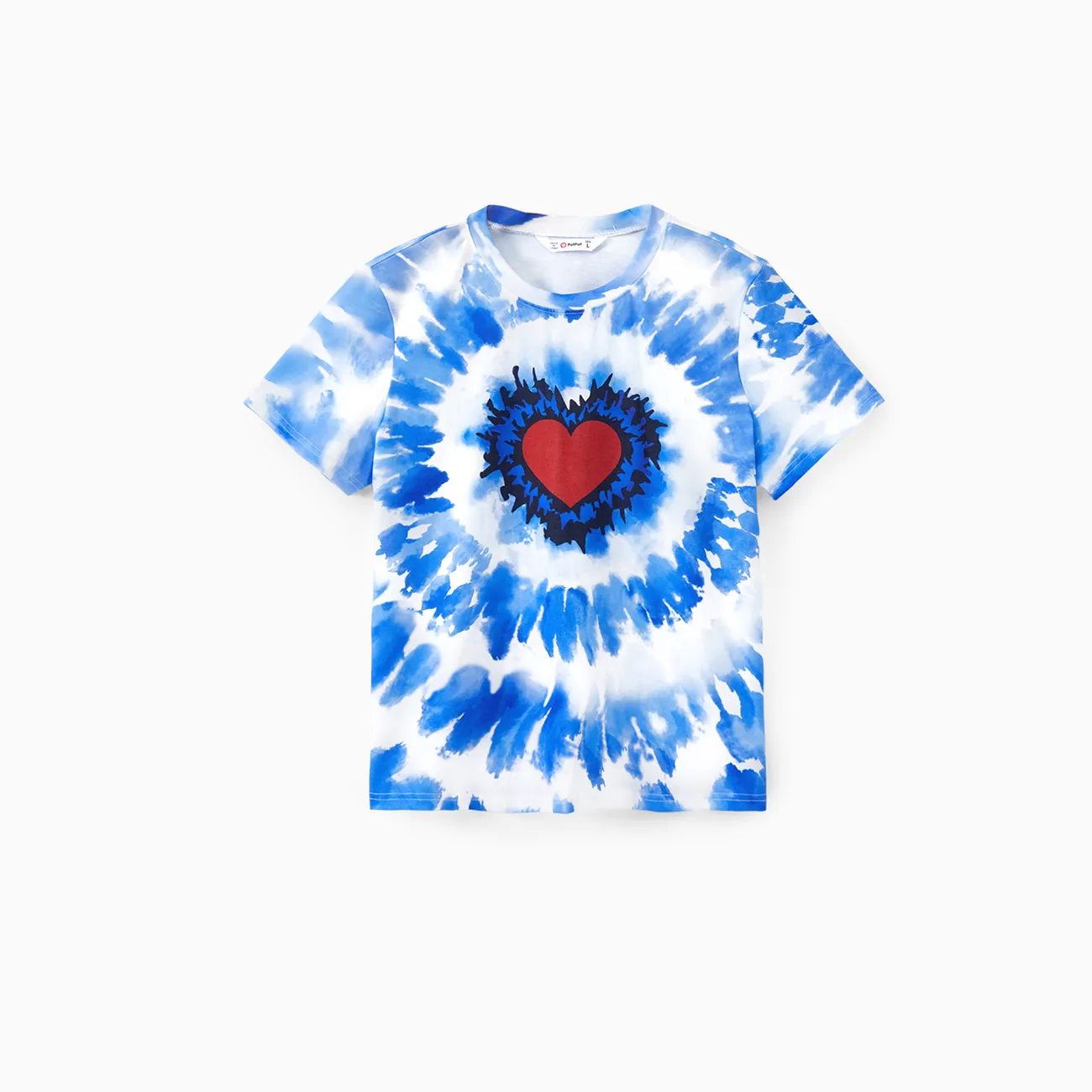 Family Matching Blue Tie-Dye Red Heart Pattern Short Sleeves Cotton Top