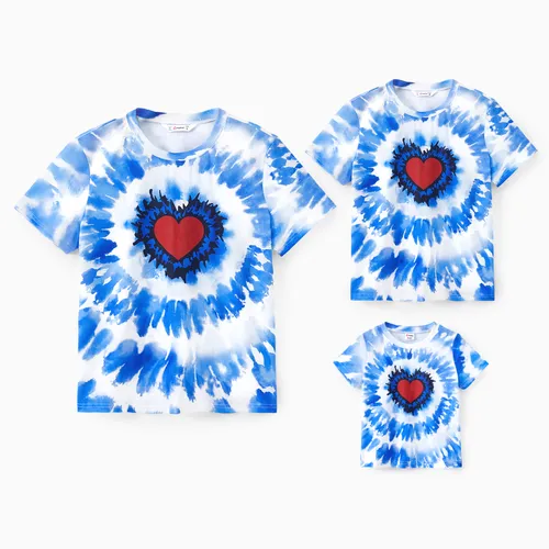Family Matching Blue Tie-Dye Red Heart Pattern Short Sleeves Cotton Top