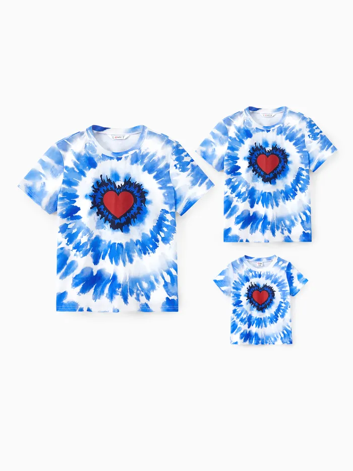 Family Matching Blue Tie-Dye Red Heart Pattern Short Sleeves Cotton Top