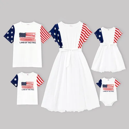 Independence Day Family Matching American Flag Tee and Short Sleeves Belted Tulle Dress Sets