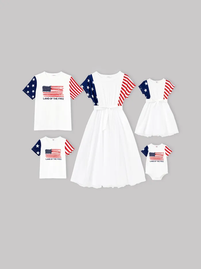 Dia da Independência Família combinando American Flag Tee e mangas curtas Belted Tulle Dress Sets