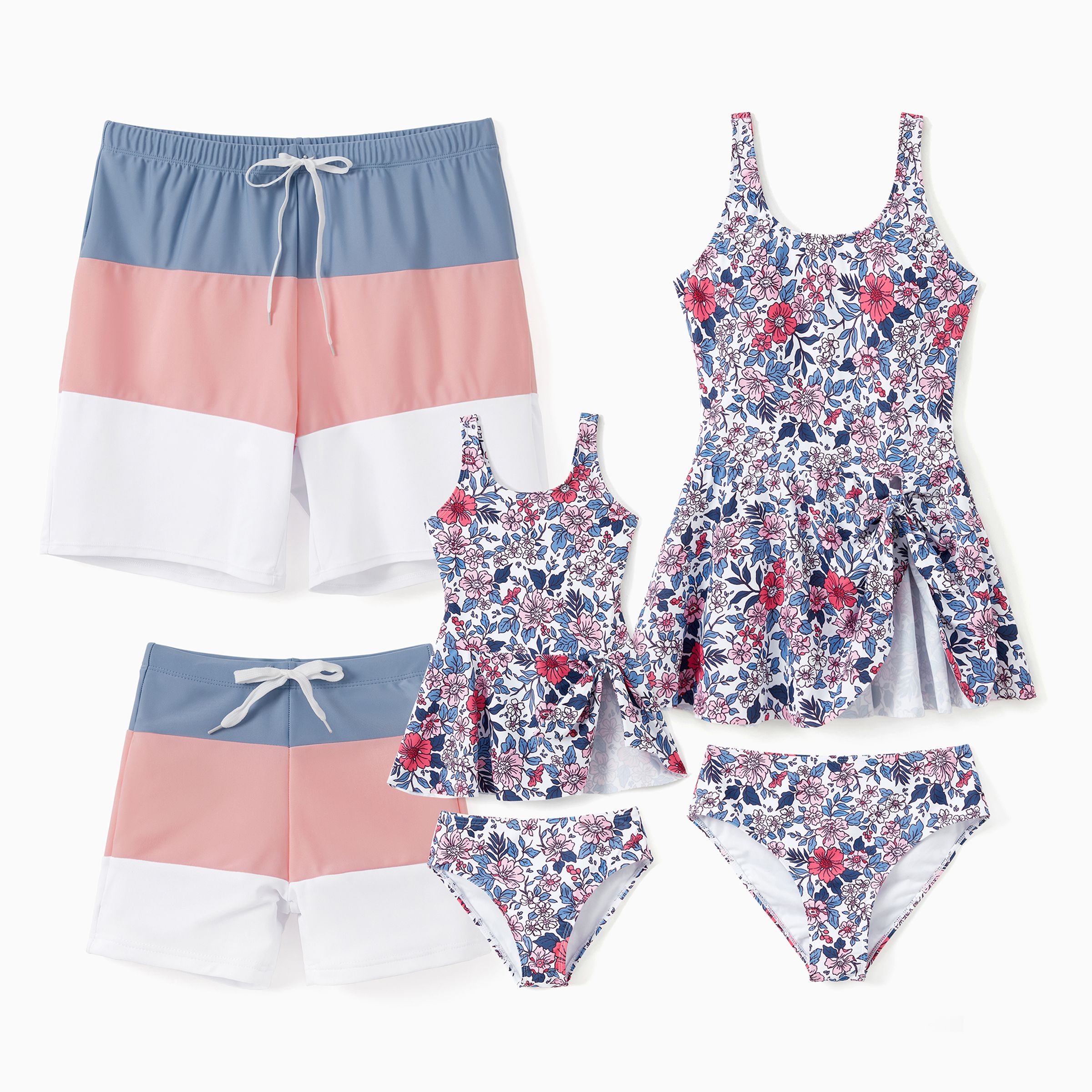 

Family Matching Swimsuit Color Block Drawstring Swim Trunks or Ditsy Floral Bow Side Tankini