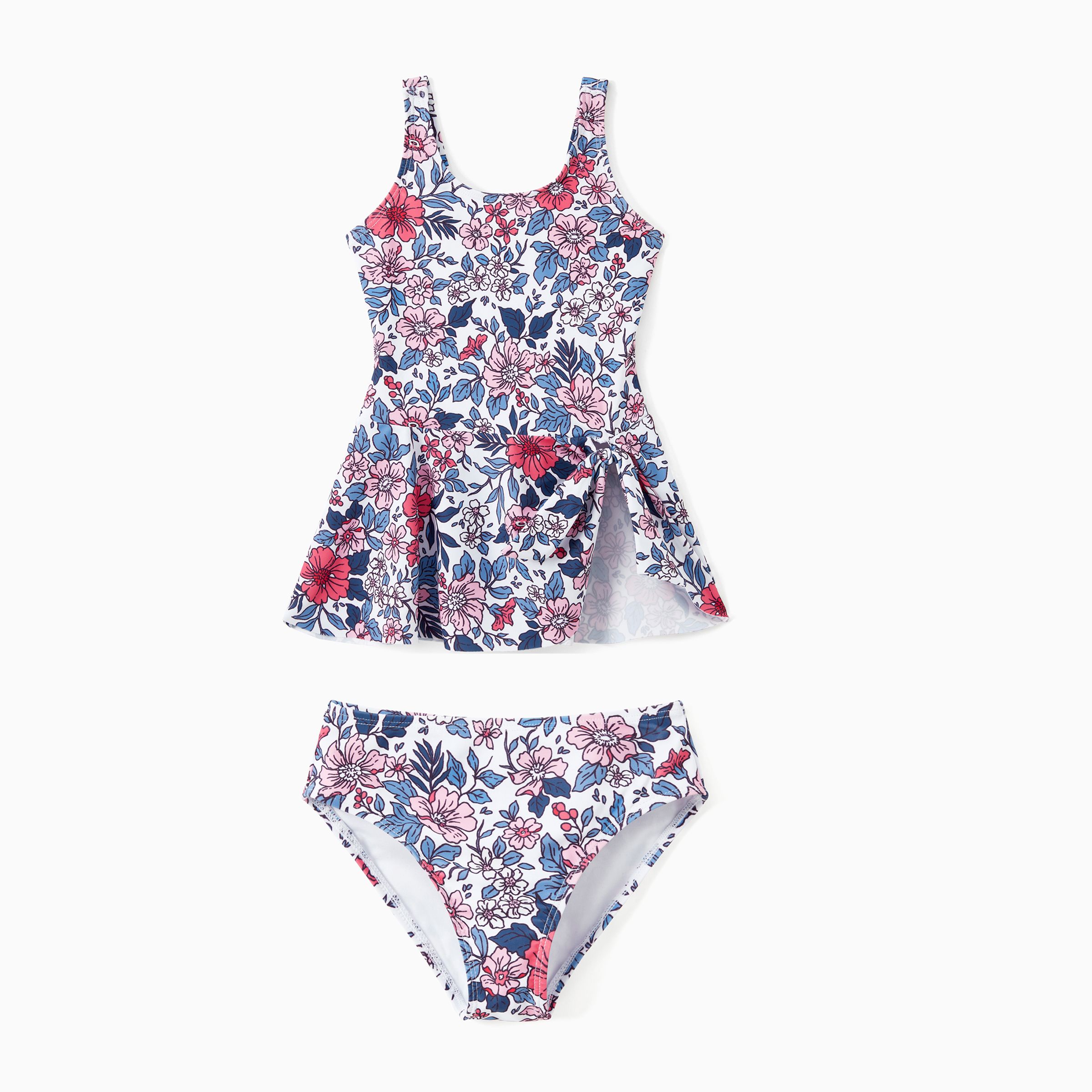 

Family Matching Swimsuit Color Block Drawstring Swim Trunks or Ditsy Floral Bow Side Tankini