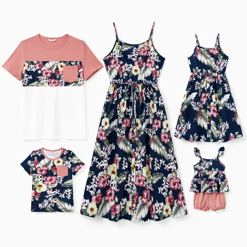 Family Matching Sets Floral Panel Tee or Button Up Belted Strap Dress with Pockets
