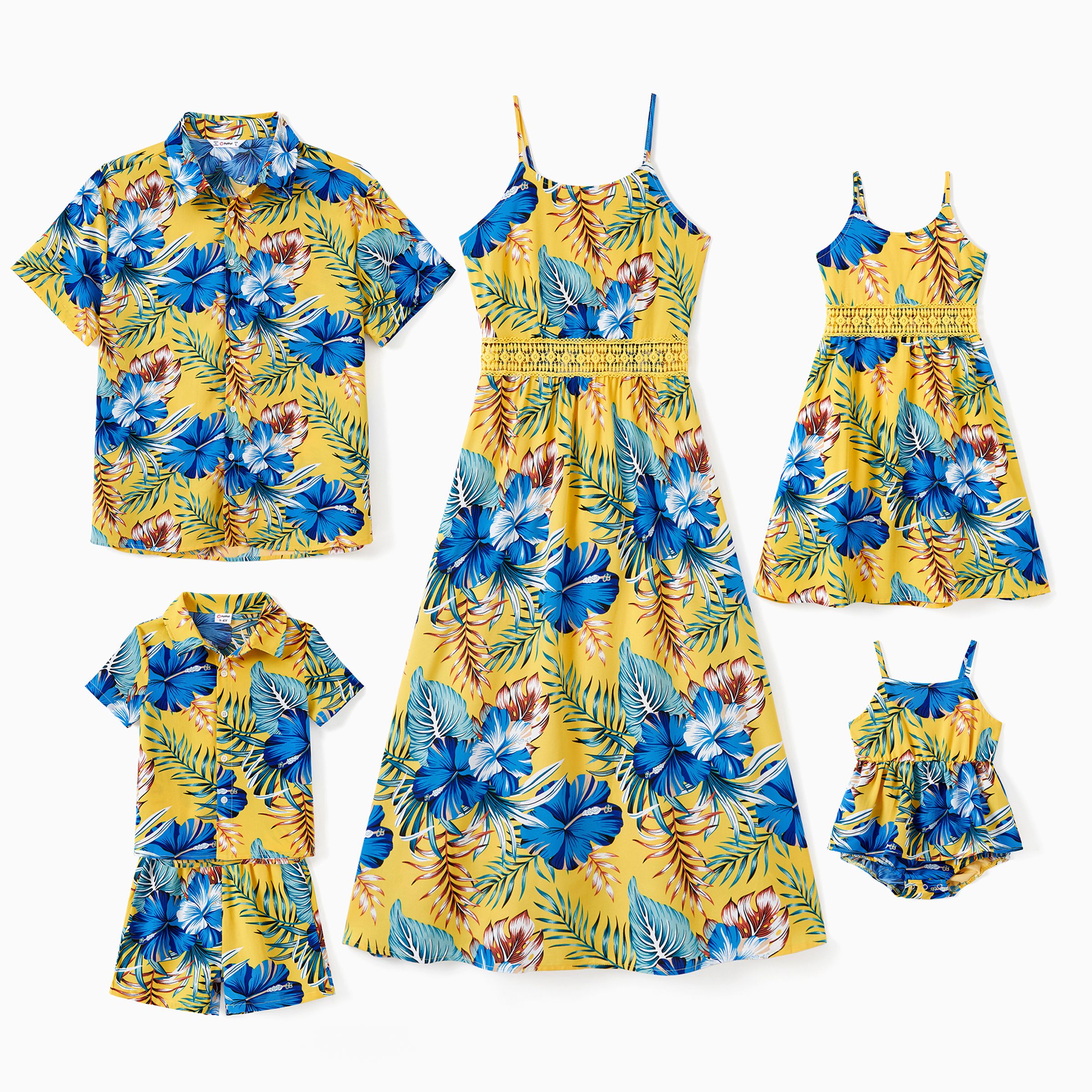 

Family Matching Beach Shirt or Yellow Floral Lace Waist Shirred Back Strap Dress Sets