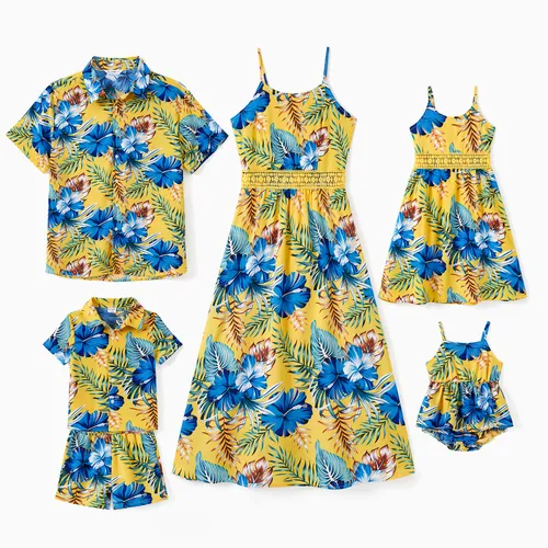 Camisa de playa a juego familiar o conjuntos de vestido de cintura fruncida con correa trasera de encaje floral amarillo