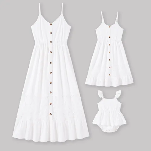 Mommy and Me Button Up White Lace Embellishment Ruffle Hem Strap Dress 