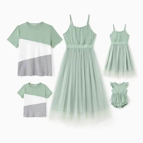 Famiglia Matching Color Block Tee o Verde Cami Top Spliced Tulle Strap Dress
