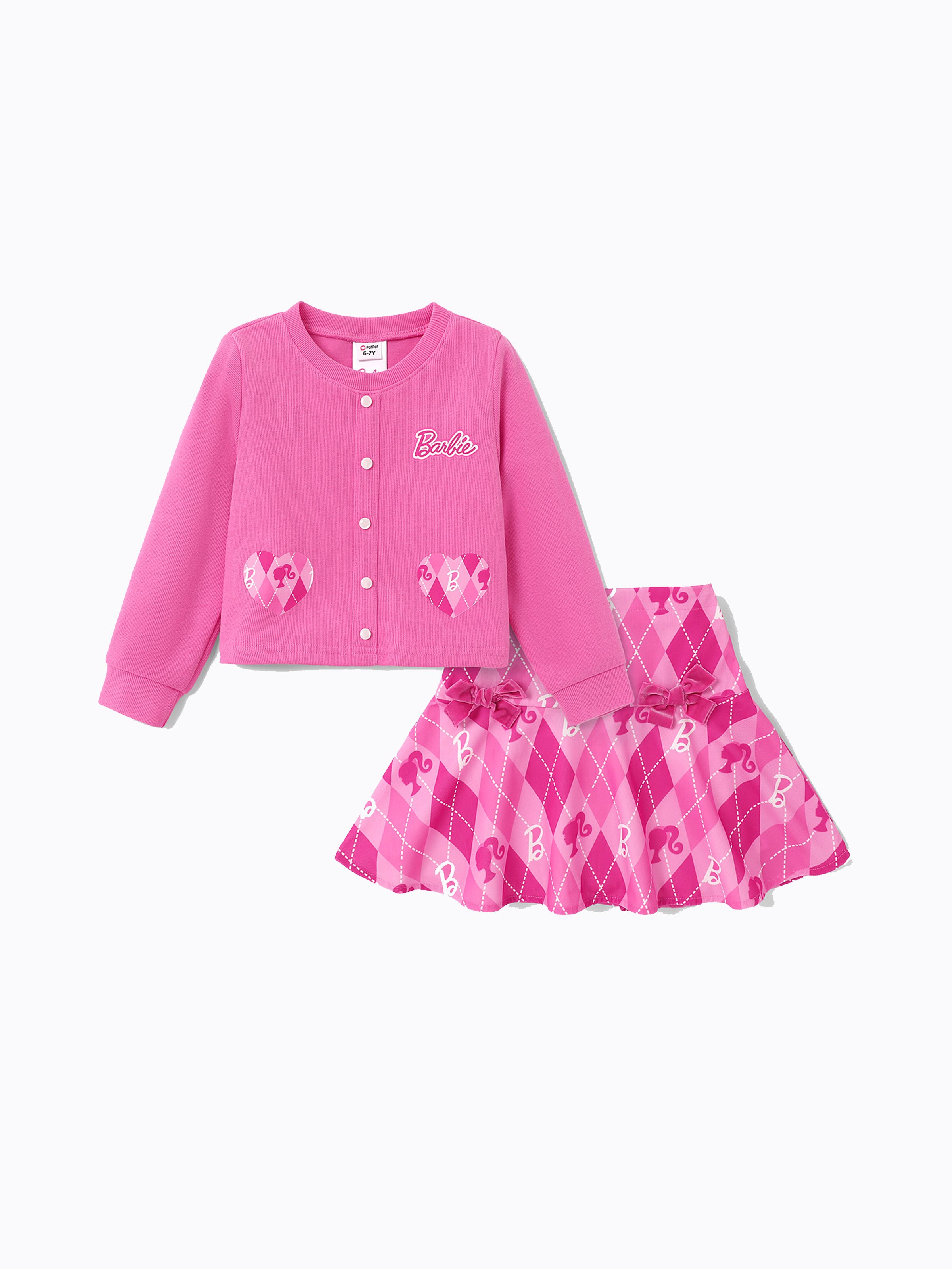 Barbie Kid Girl 2pcs Heart Print Corduroy Top y conjunto de falda a cuadros 