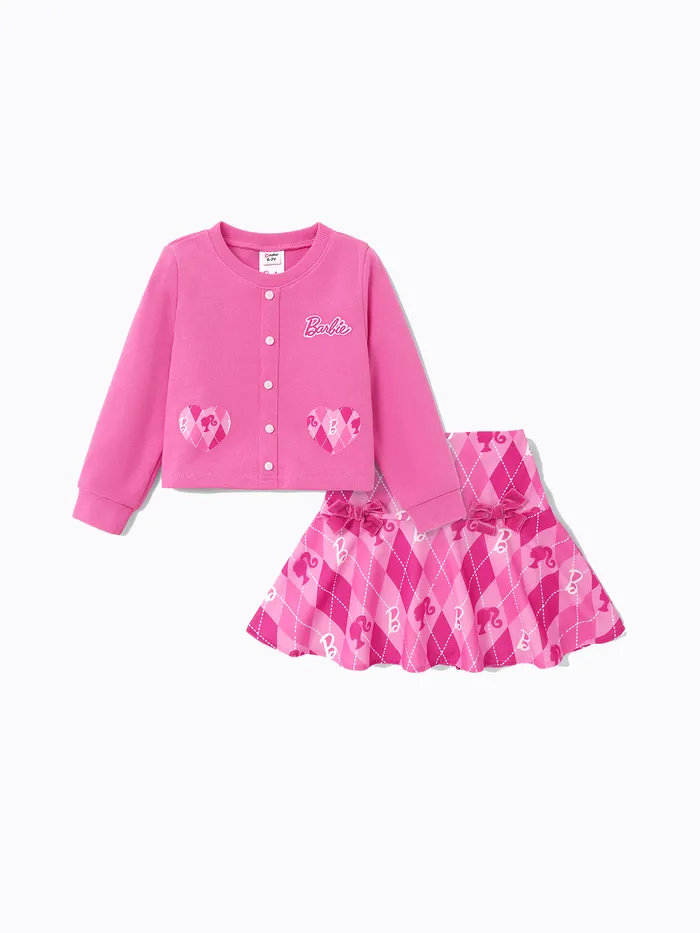 Barbie Kid Girl 2pcs Heart Print Corduroy Top and Plaid Skirt Set 