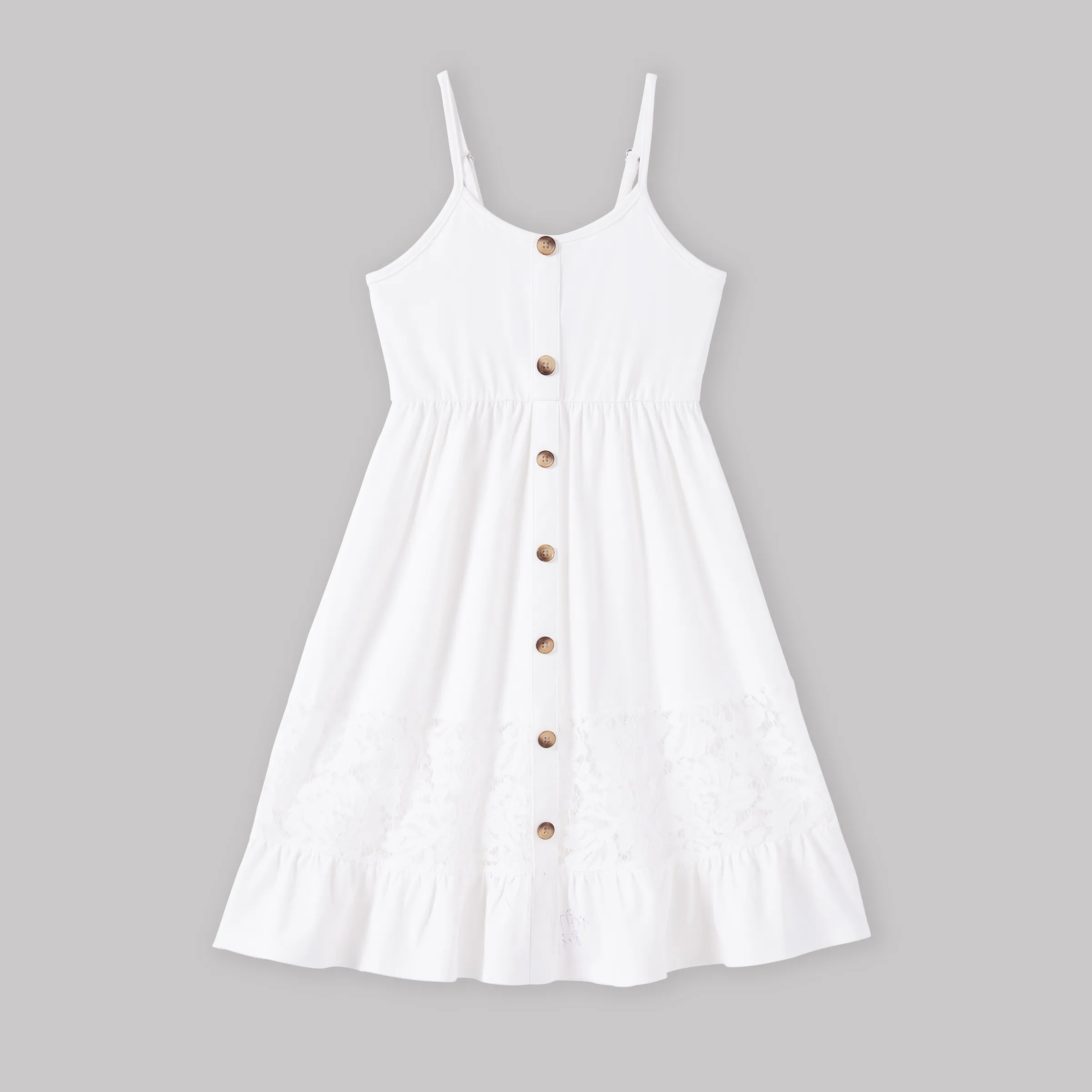 

Mommy and Me Button Up White Lace Embellishment Ruffle Hem Strap Dress