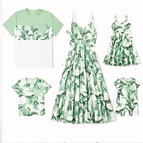 Family Matching Color Block Tee and Green Leaf Pattern Cut Out Drawstring Waist Strap Dress Sets