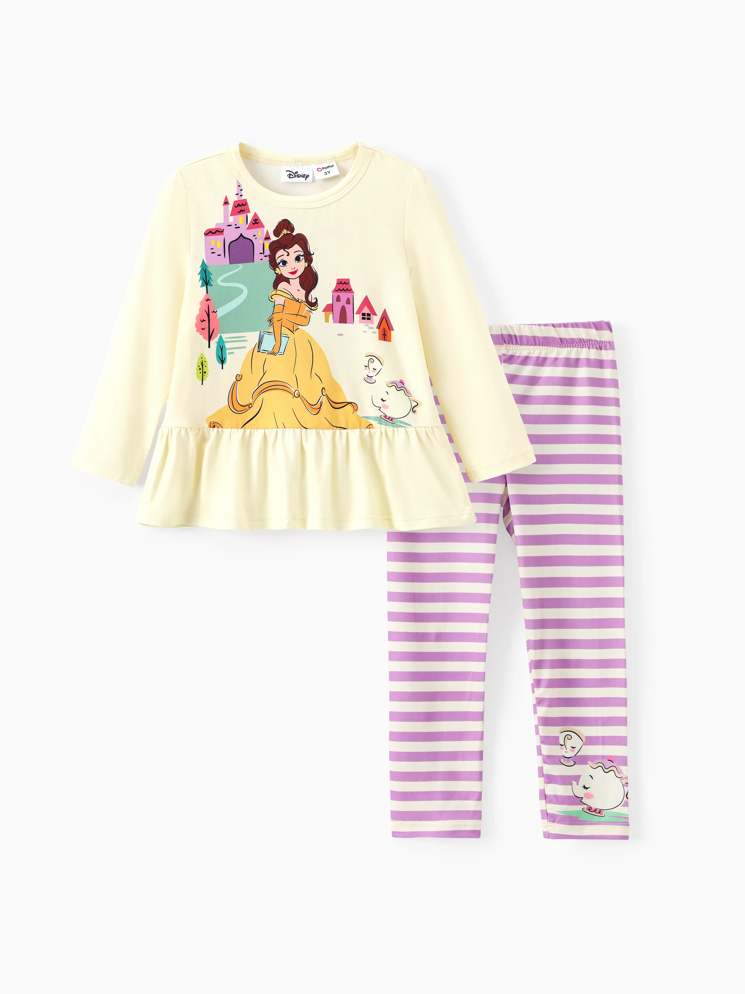 

Disney Princess Toddler Girl 2pcs Character Print Peplum Long-sleeve Tee and Stripe Pants Set