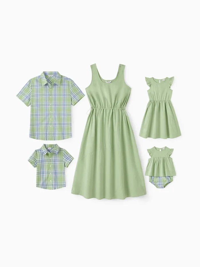Família combinando conjuntos camisa xadrez verde ou gola Scoop sem mangas cintura elástica A-Line vestido 