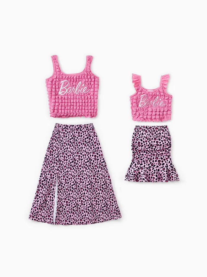 Barbie Mommy and Me Logo Embroidered Textured Fabric Tank Top and Allover Leopard Print Skirt Set