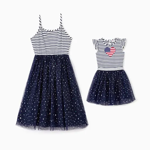 Mommy and Me Stripe Heart Shape American Flag Tulle Sequin Dresses