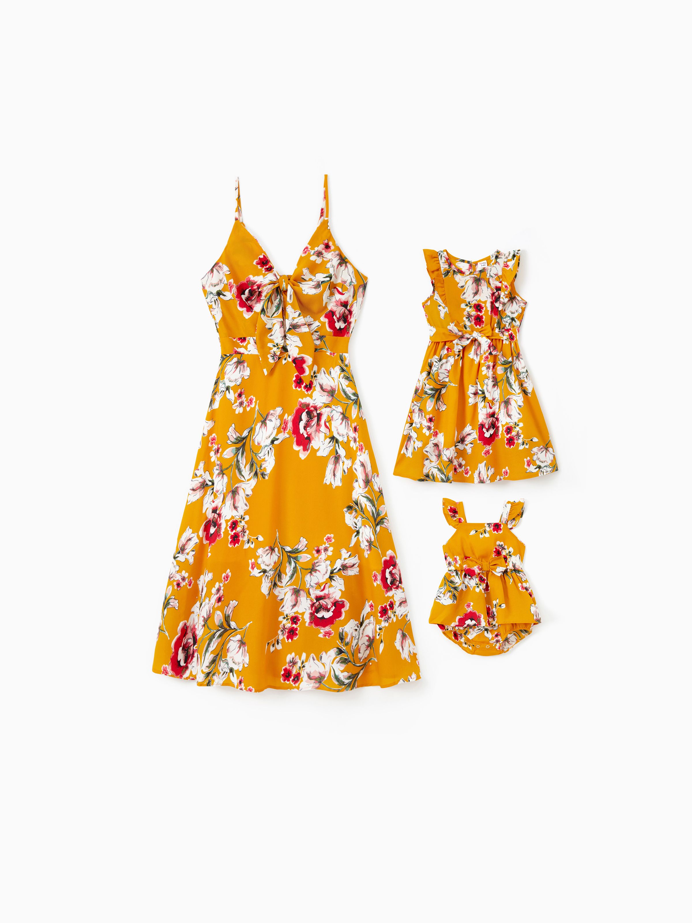 

Mommy and Me Yellow Floral Tie Front Shirred Back Strap Dresses