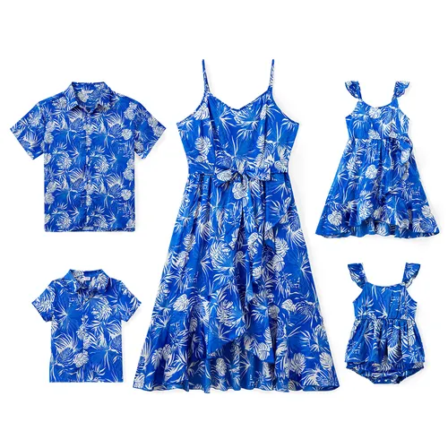 Family Matching Sets Blue Leaf Pattern Shirt or Wrap Bottom Belted Satin Slip Dress Sets