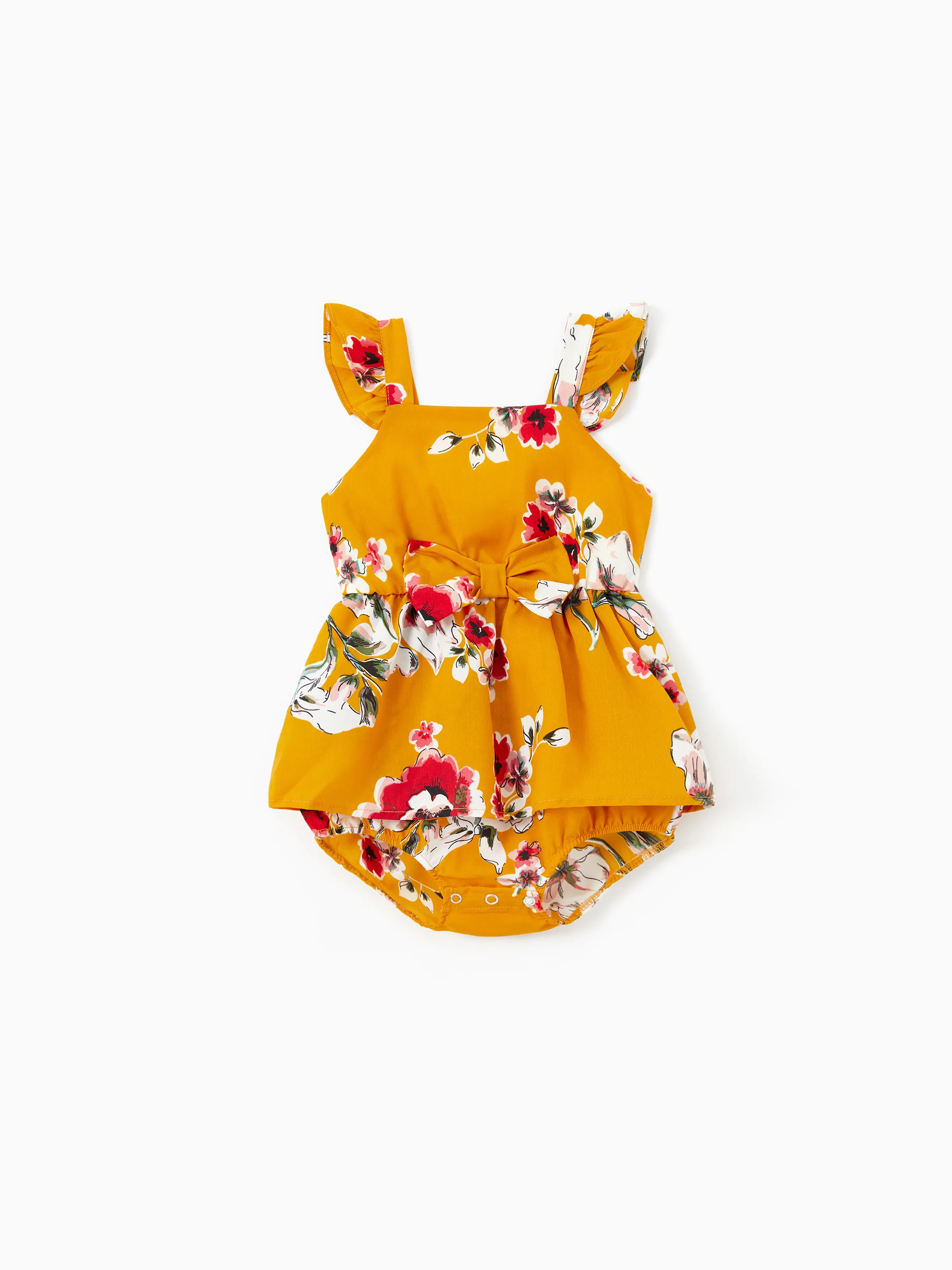 

Mommy and Me Yellow Floral Tie Front Shirred Back Strap Dresses