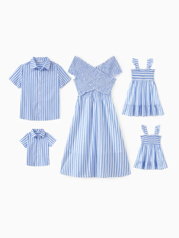 Conjuntos familiares Camisa de rayas verticales azules o vestido con hombros descubiertos con cruz fruncida