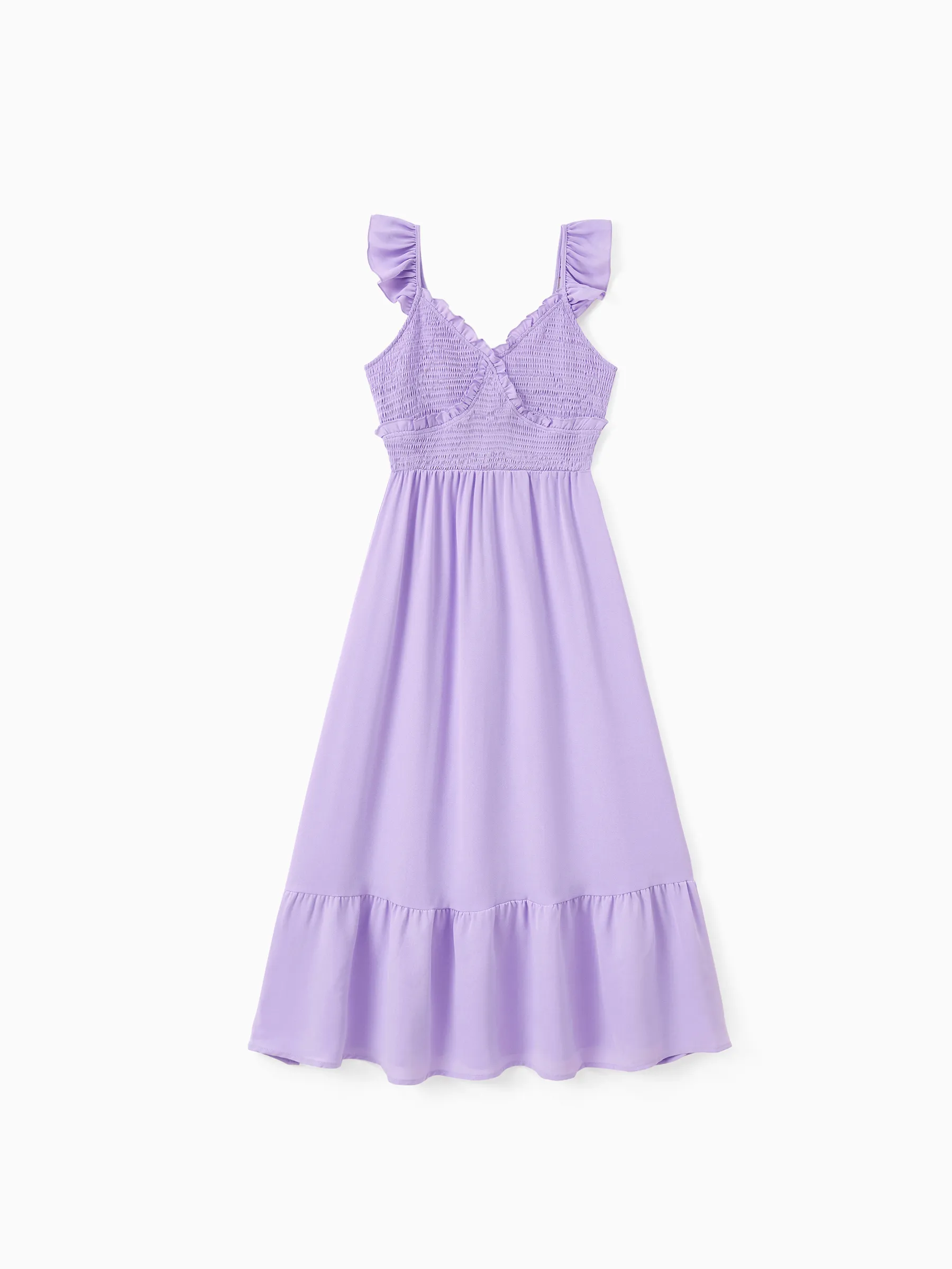 

Family Matching Sets Purple Raglan Sleeves Tee or Shirred Top Ruffle Hem Strap Dress