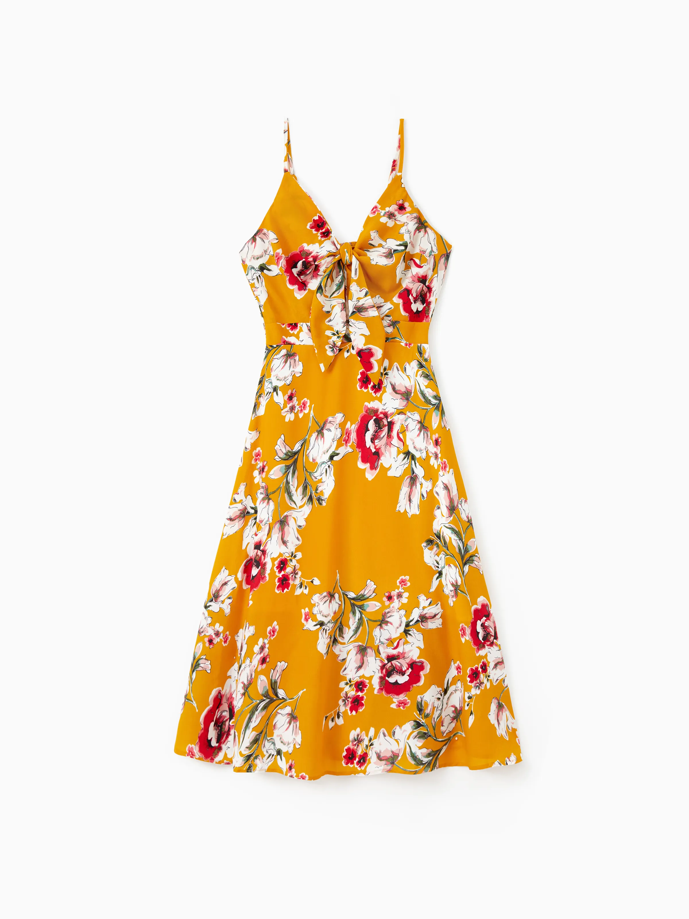 

Mommy and Me Yellow Floral Tie Front Shirred Back Strap Dresses