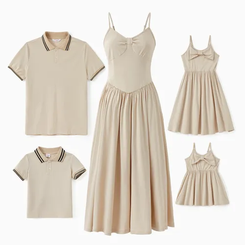 Family Matching Light Apricot Polo Shirt or Bow Design Flowy A-Line Strap Dress Sets